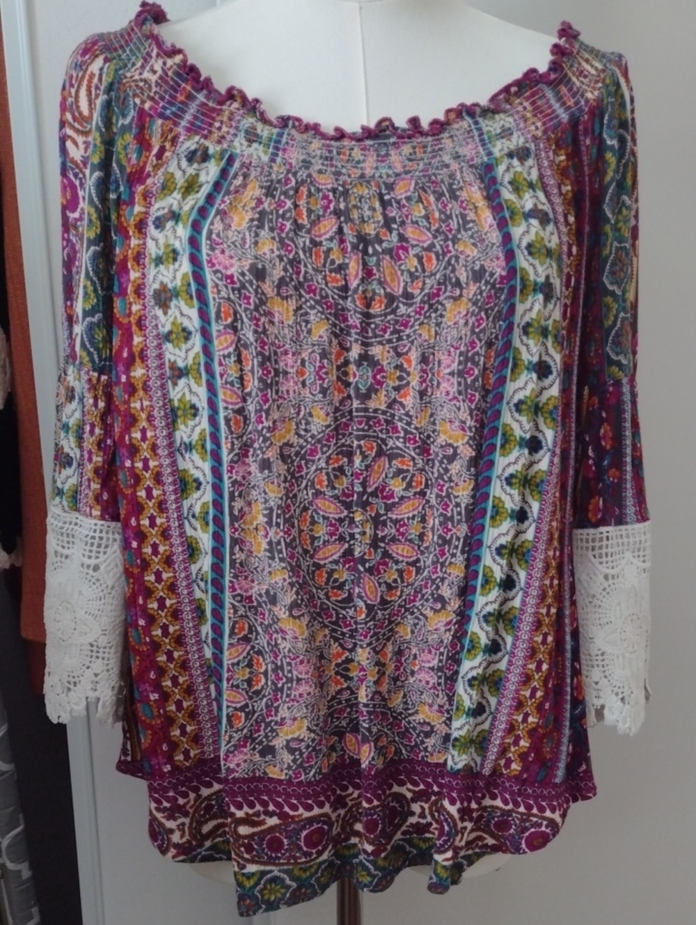 Patrons of Peace Large Multicolor Paisley Boho Tunic with Crochet Cuffs